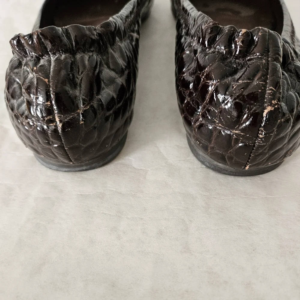 Tory Burch Brown Patent Leather Embossed Ballet Flats